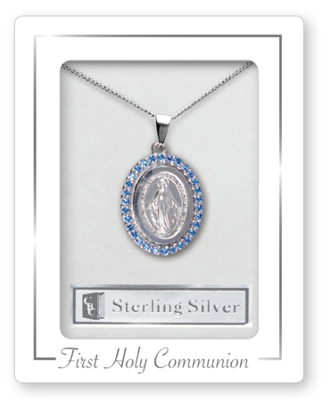 Miraculous Medal Sterling Silver with Blue Crystals