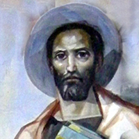 Detail of Paul treasuring scrolls of the Bible