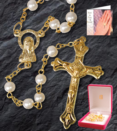 Rosary 6289 Glass Pearl Round Gilt
