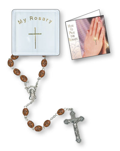 Rosary 6225/BR Brown Oval Wood Bead with Cross