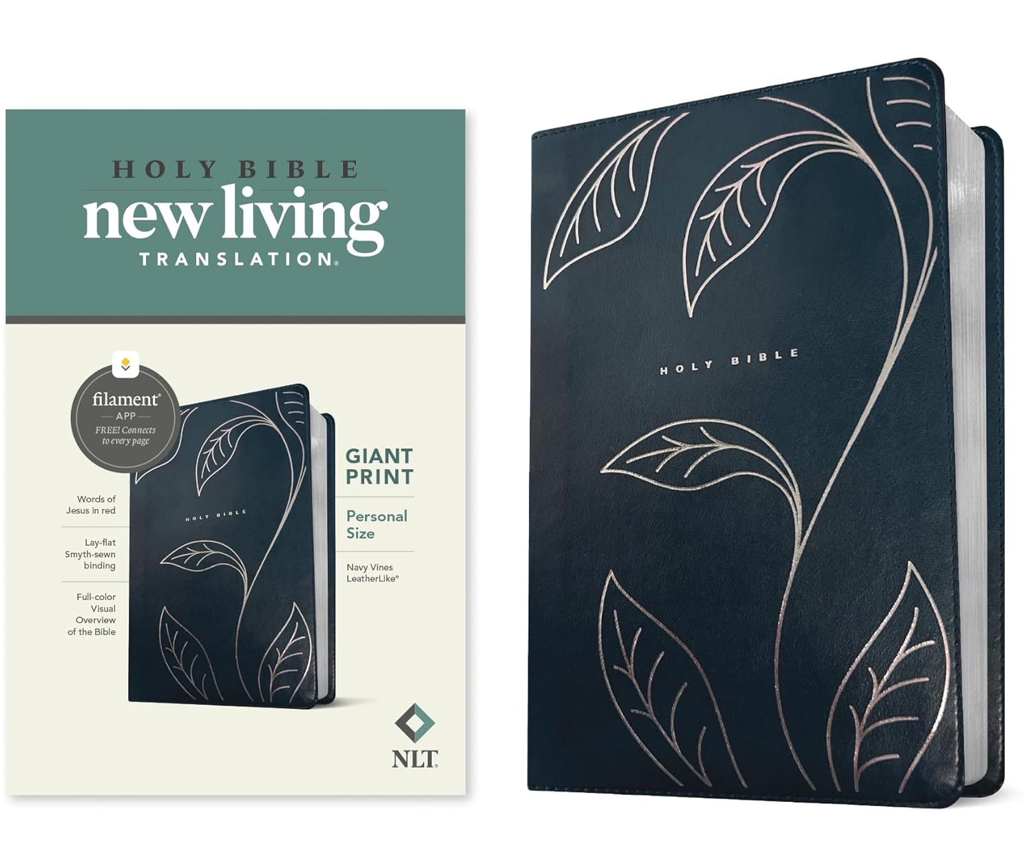 Bible NLT Personal Size Giant Print Filament Enabled (LeatherLike, Navy Vines, Red Letter)